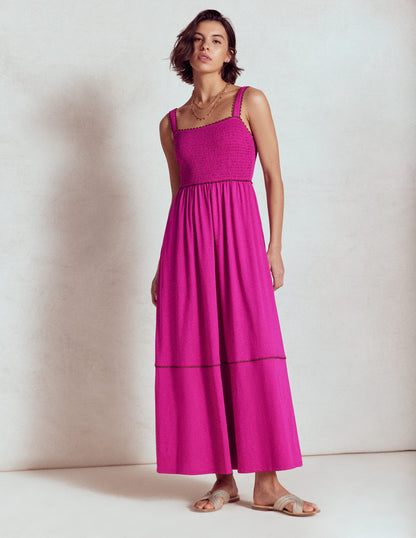 Smocked Trim Maxi Dress-Fuchsia-4