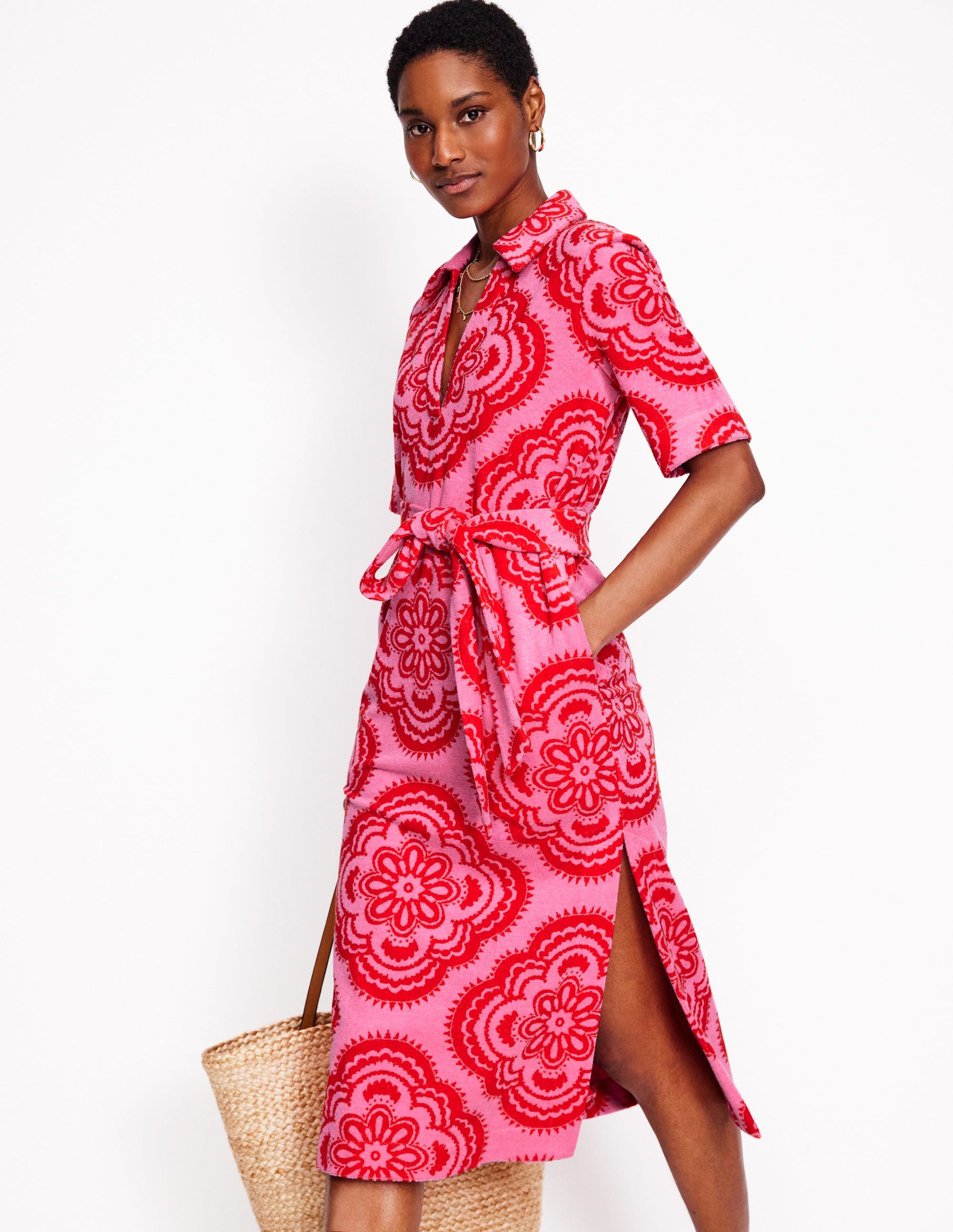 Collared Notch Towel Dress-Pink Rose, Botanic Blush-1
