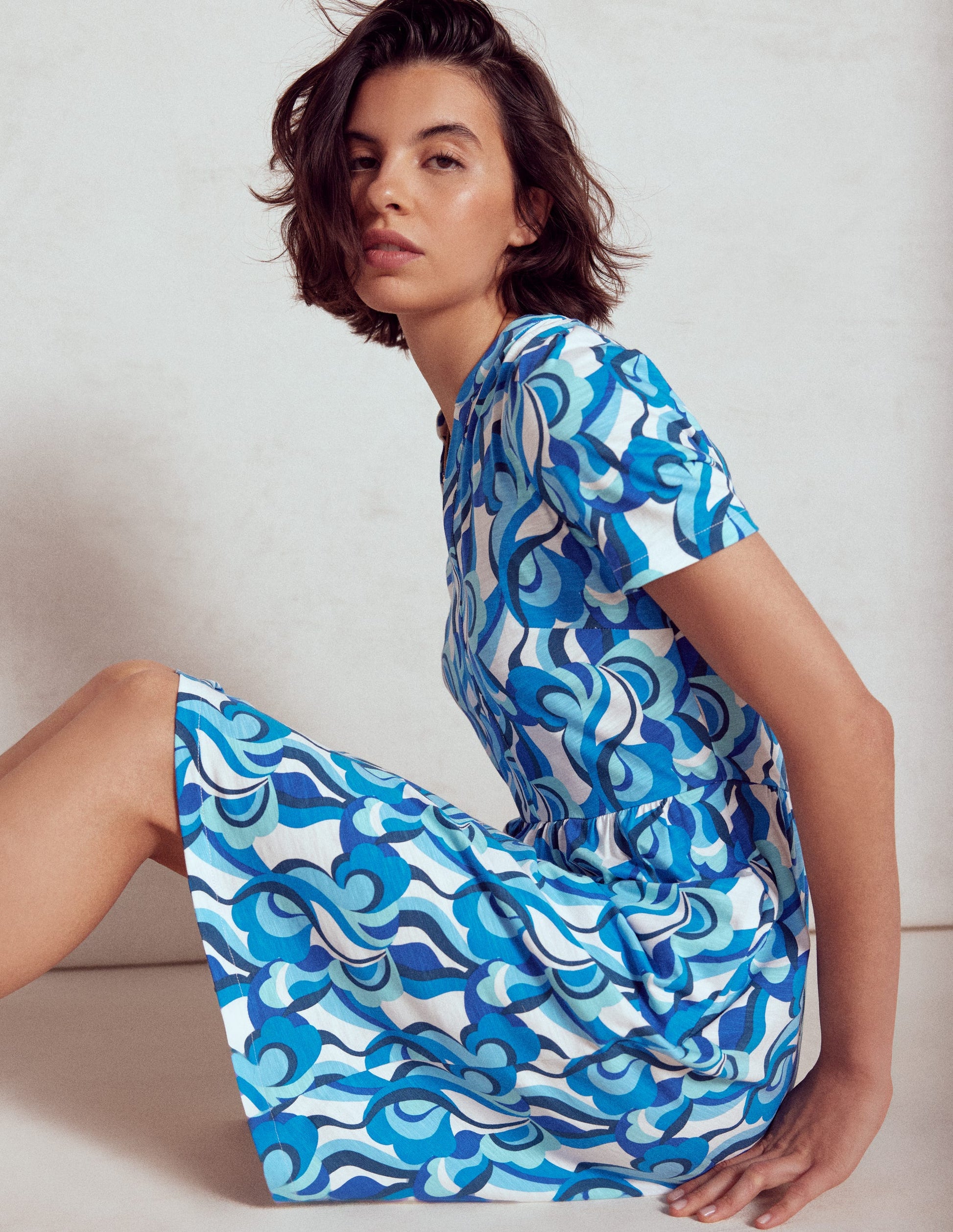 Naomi Short Sleeve Dress-Blue, Abstract Swirl-1