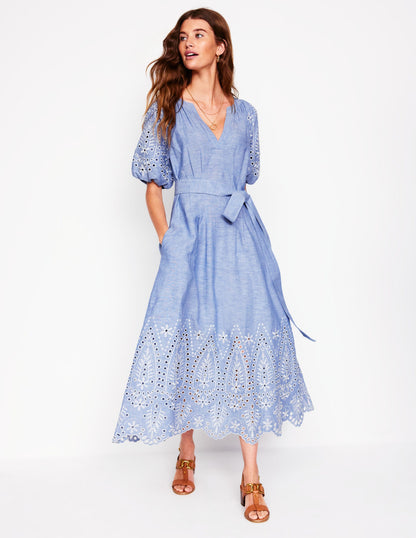 Puff Sleeve Embroidered Dress-Grey Blue Chambray-4