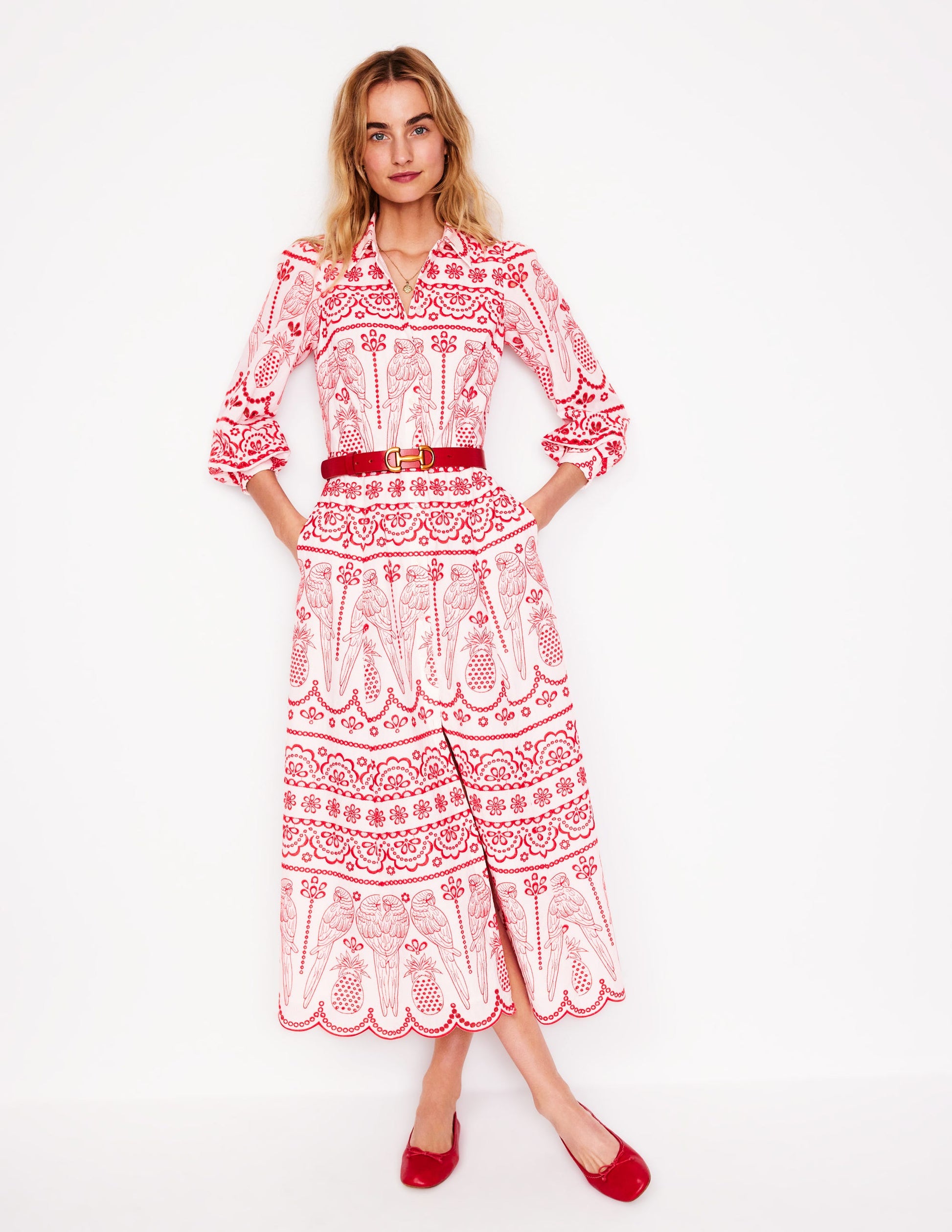 Clara Broderie Shirt Dress-Poppy Red, Parrot Broderie-5