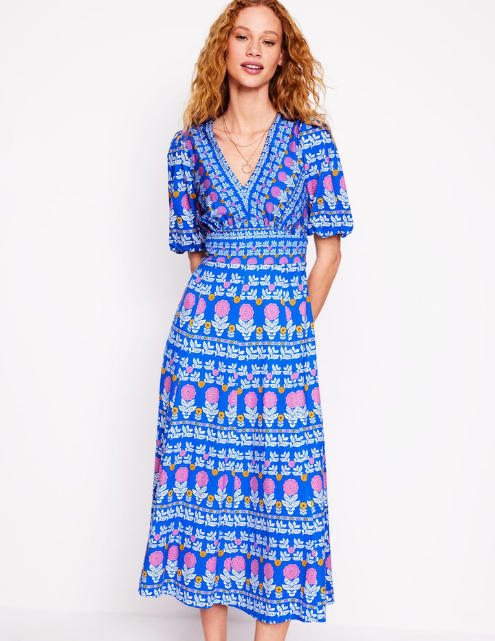 Ponte Puff Sleeve Tea Dress-Gallery Blue, Dahlia Garden