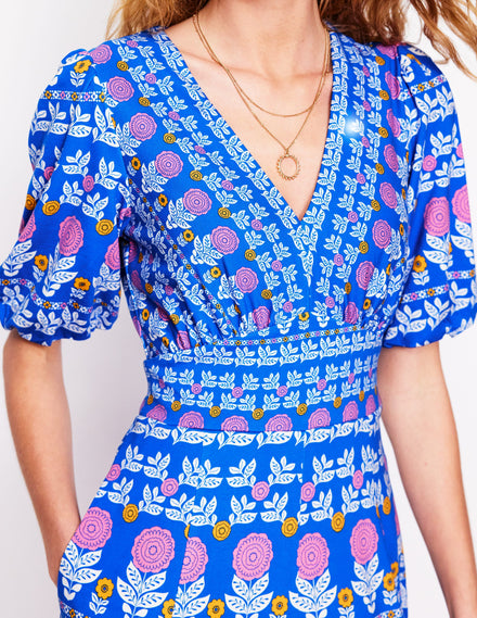 Ponte Puff Sleeve Tea Dress-Gallery Blue, Dahlia Garden
