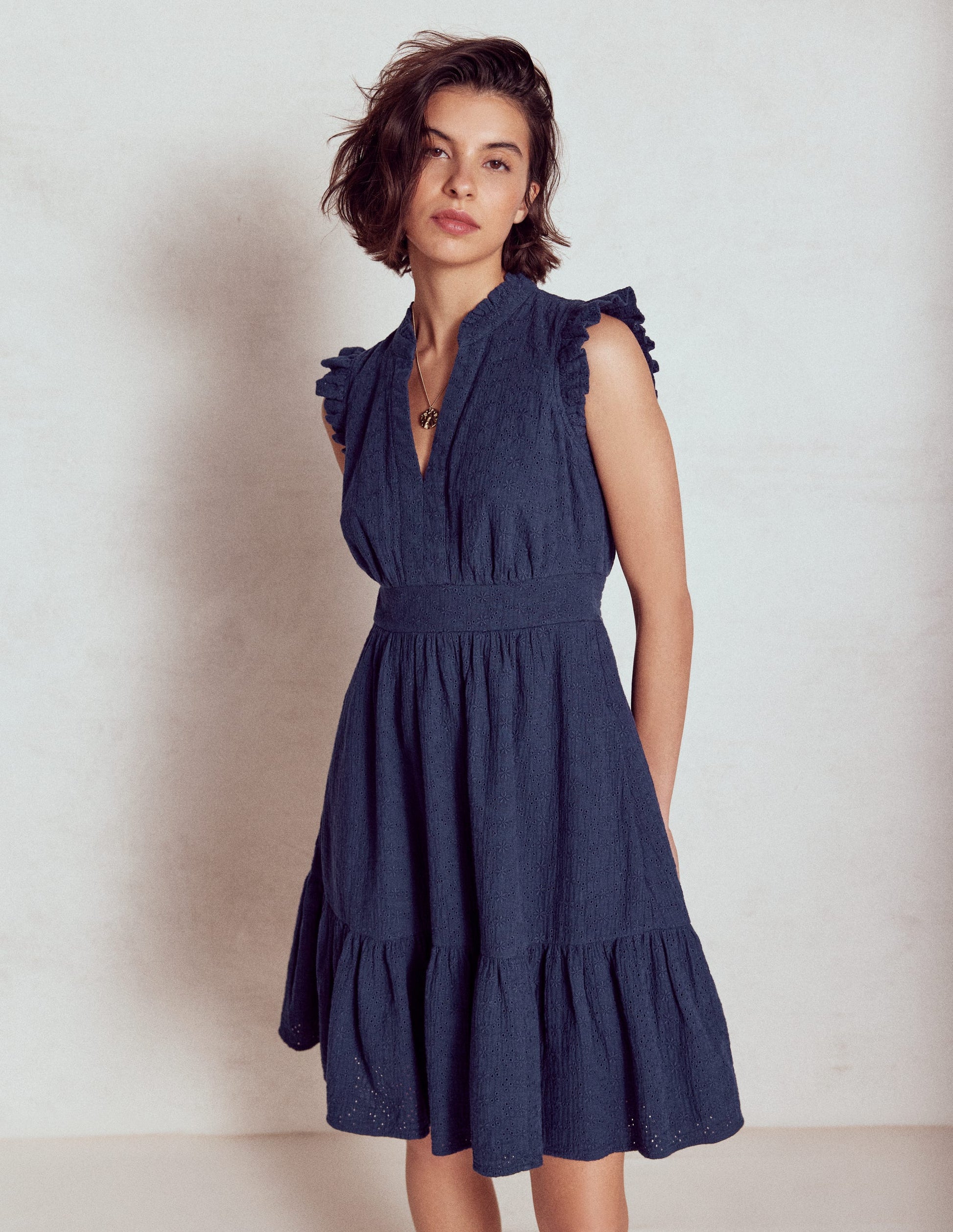 Wren Double Cloth Short Dress-Navy-4