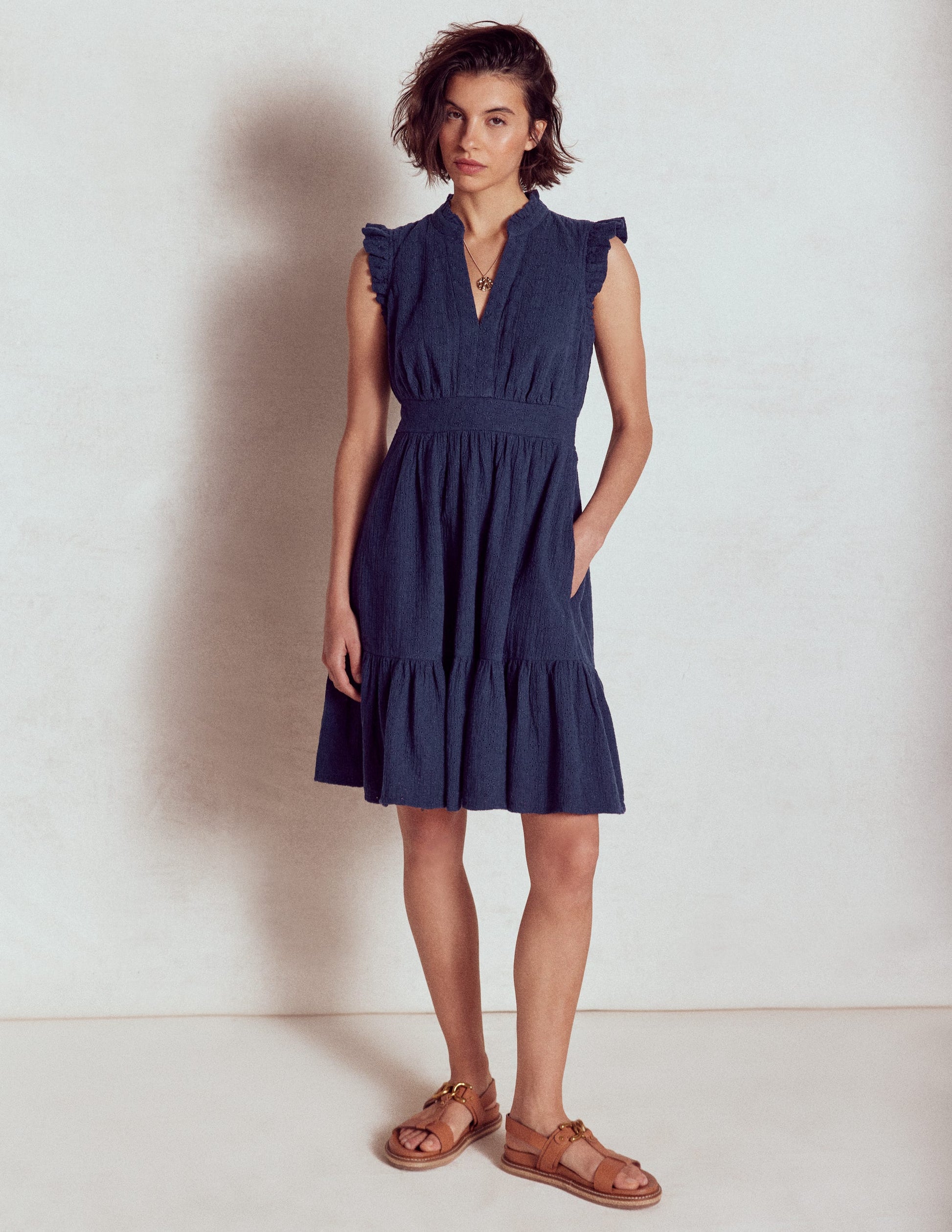 Wren Double Cloth Short Dress-Navy-5