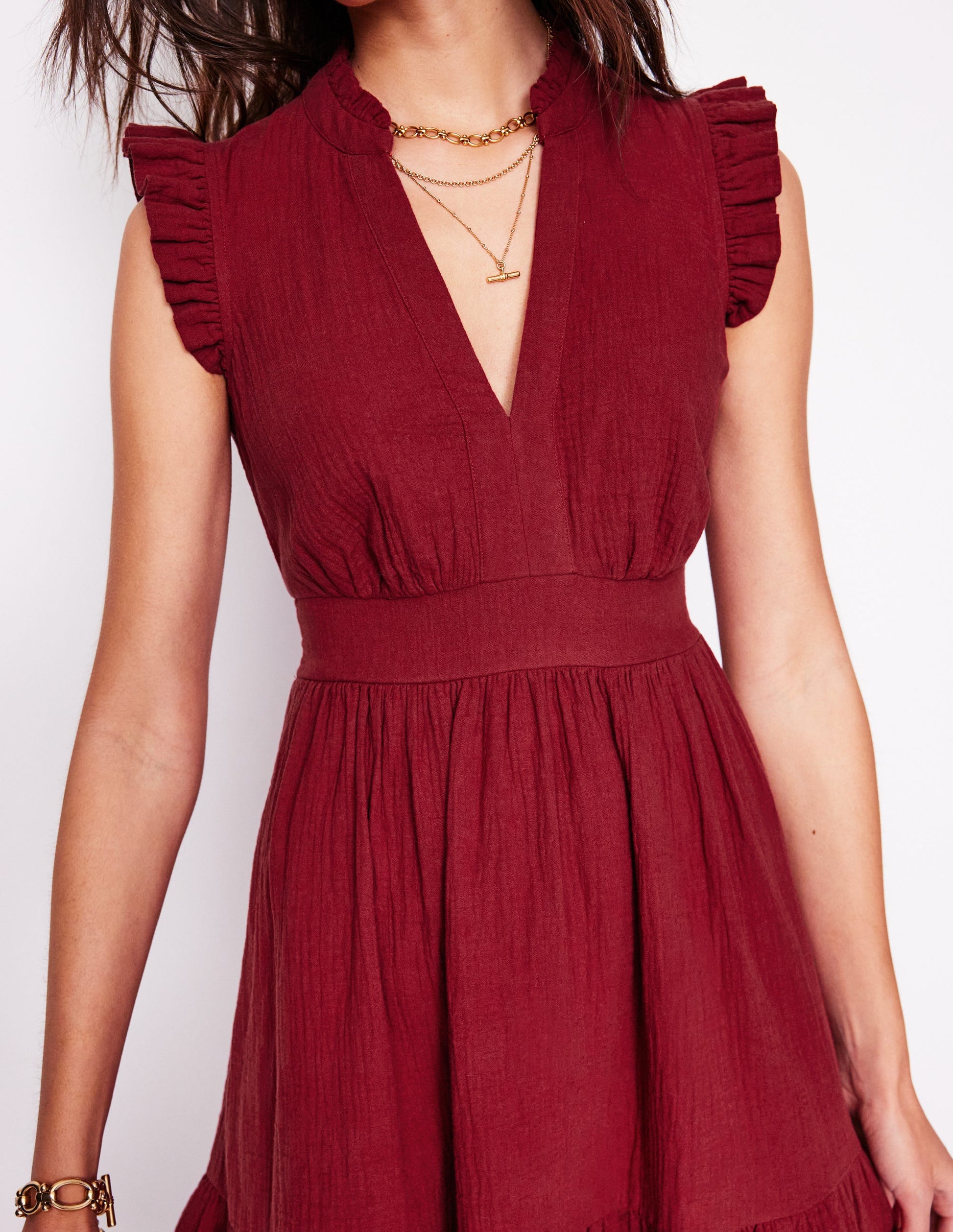 Wren Double Cloth Short Dress-Garnet Red-2