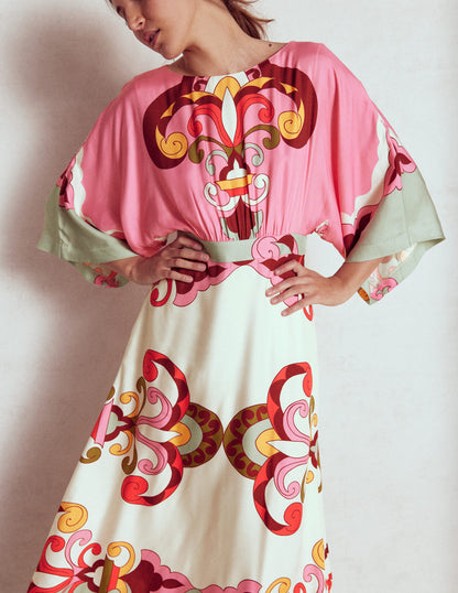 Flute Sleeve Midi Dress-Pink Rose, Ornate Reflection-3