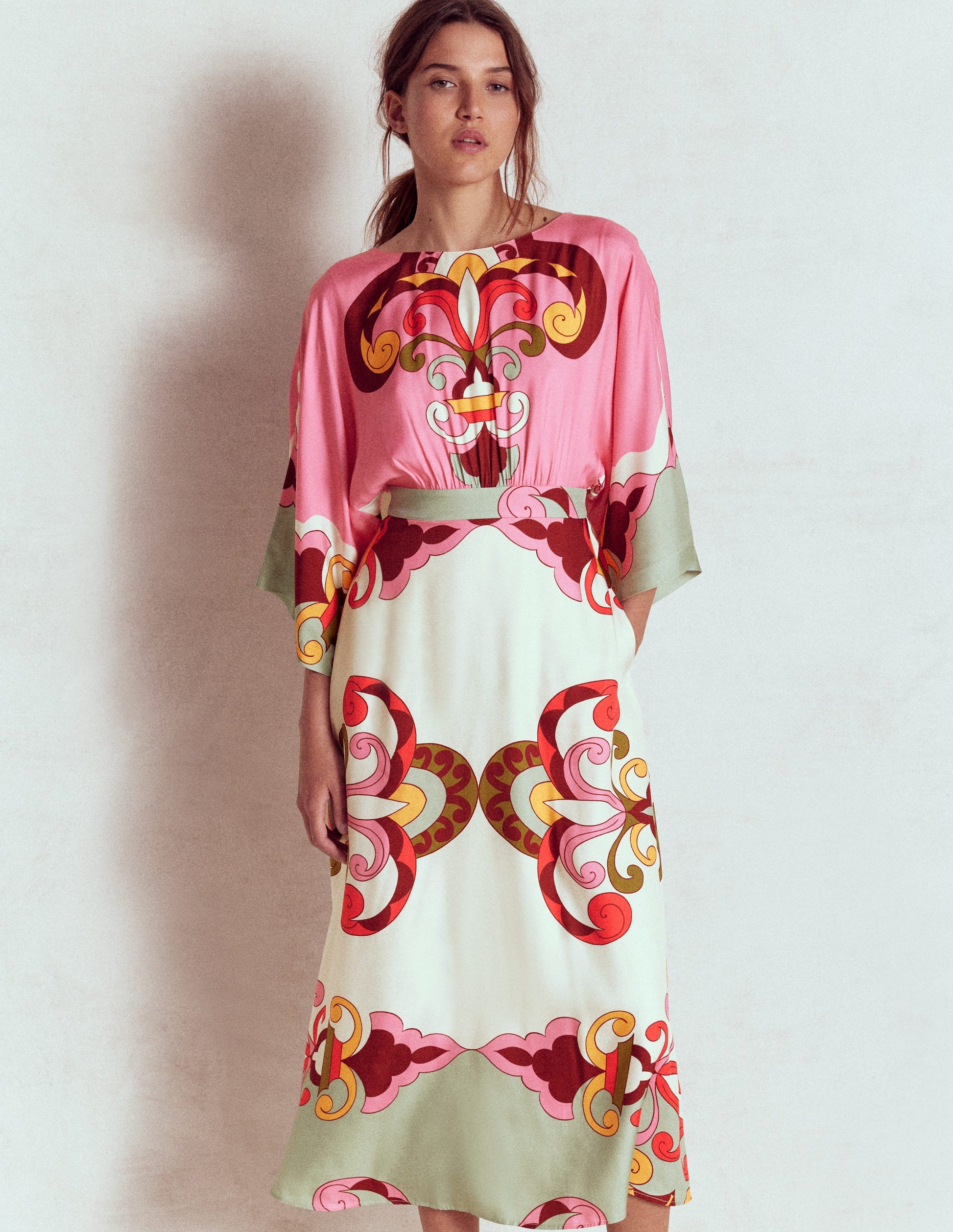 Flute Sleeve Midi Dress-Pink Rose, Ornate Reflection-1