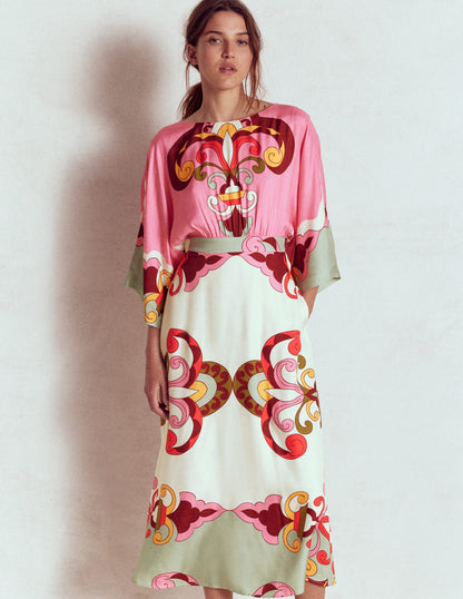 Flute Sleeve Midi Dress-Pink Rose, Ornate Reflection-1