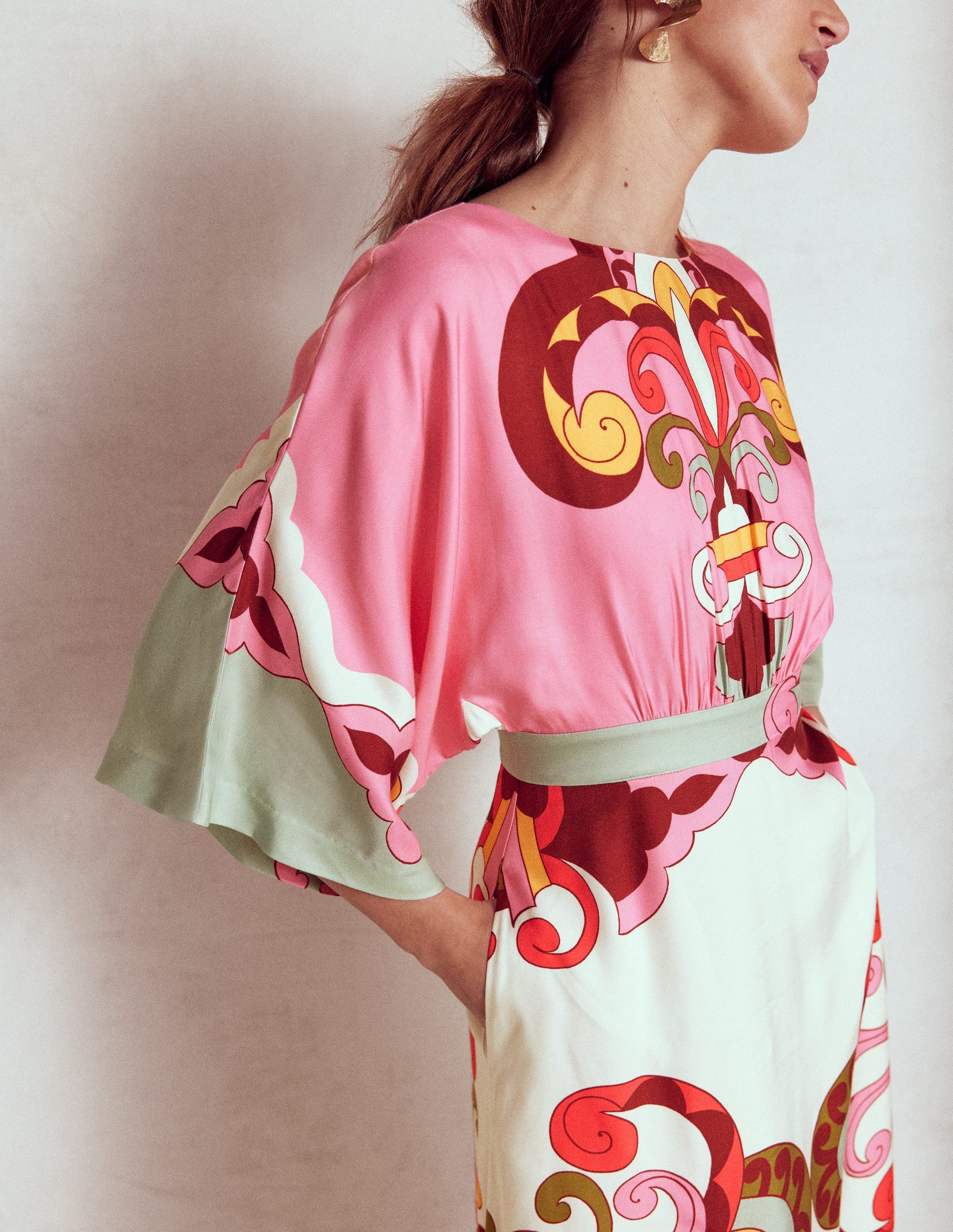 Flute Sleeve Midi Dress-Pink Rose, Ornate Reflection-4