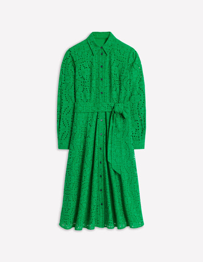 Amy Broderie Midi Shirt Dress-Rich Emerald-6