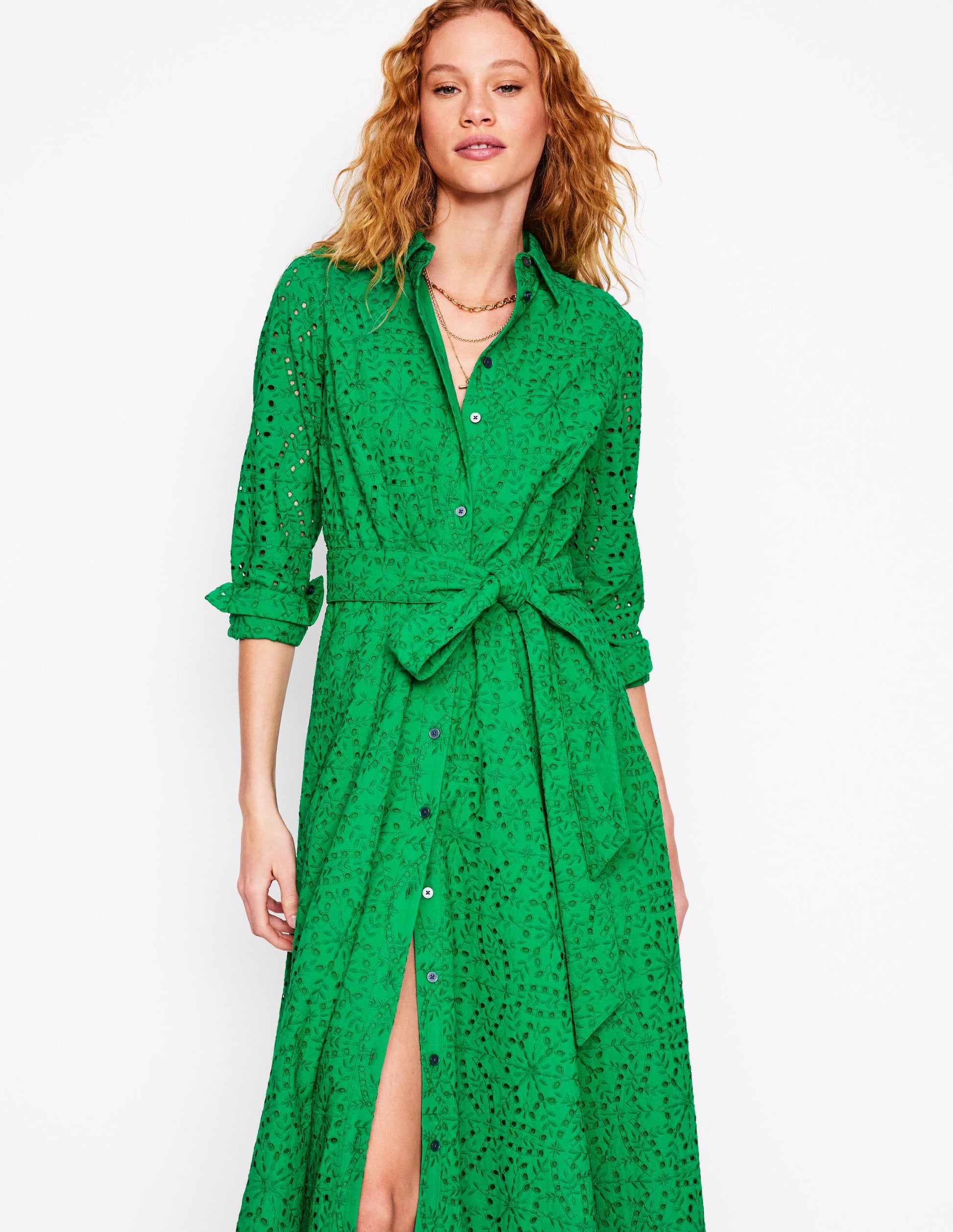 Amy Broderie Midi Shirt Dress-Rich Emerald-1