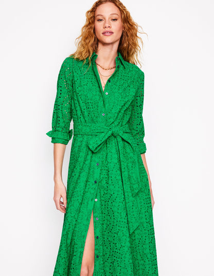Amy Broderie Midi Shirt Dress-Rich Emerald-1