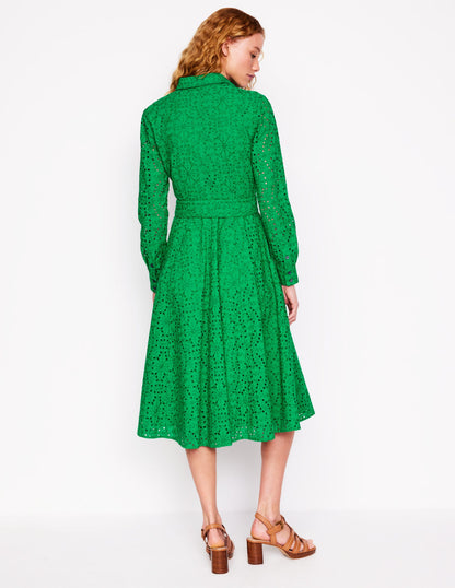 Amy Broderie Midi Shirt Dress-Rich Emerald-3
