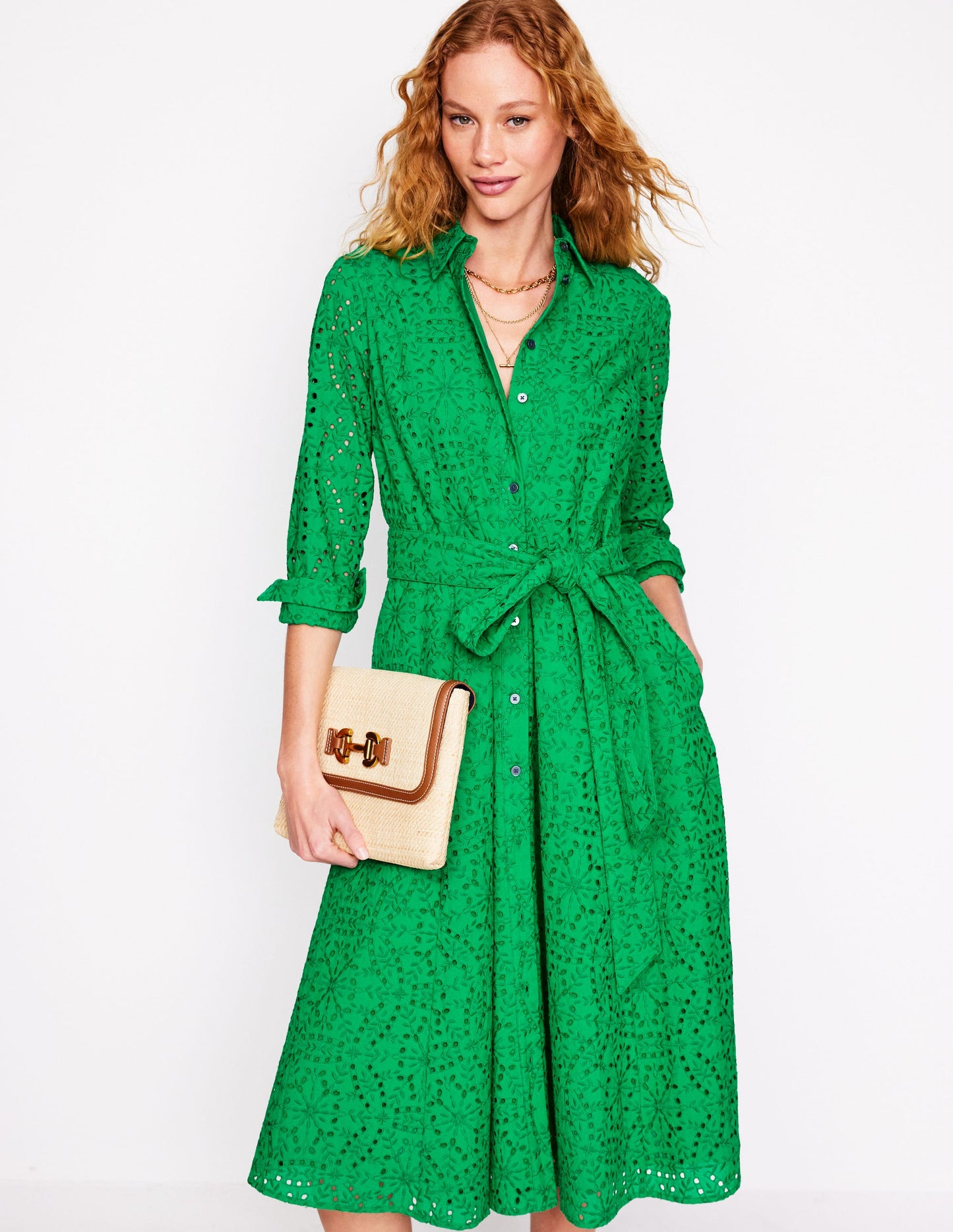 Amy Broderie Midi Shirt Dress-Rich Emerald