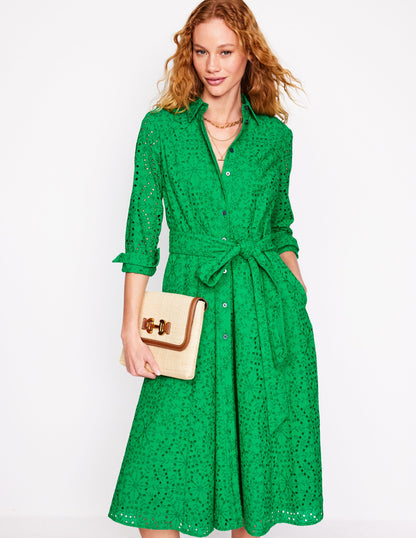 Amy Broderie Midi Shirt Dress-Rich Emerald-4