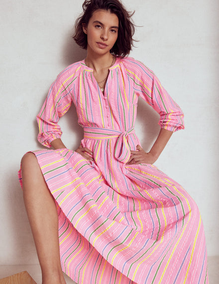 Faye Cotton Maxi Dress-Sorbet Pink, Seersucker Stripe