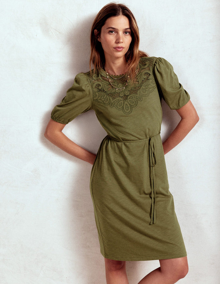 Cutwork Detail Short Dress-Woodland Green