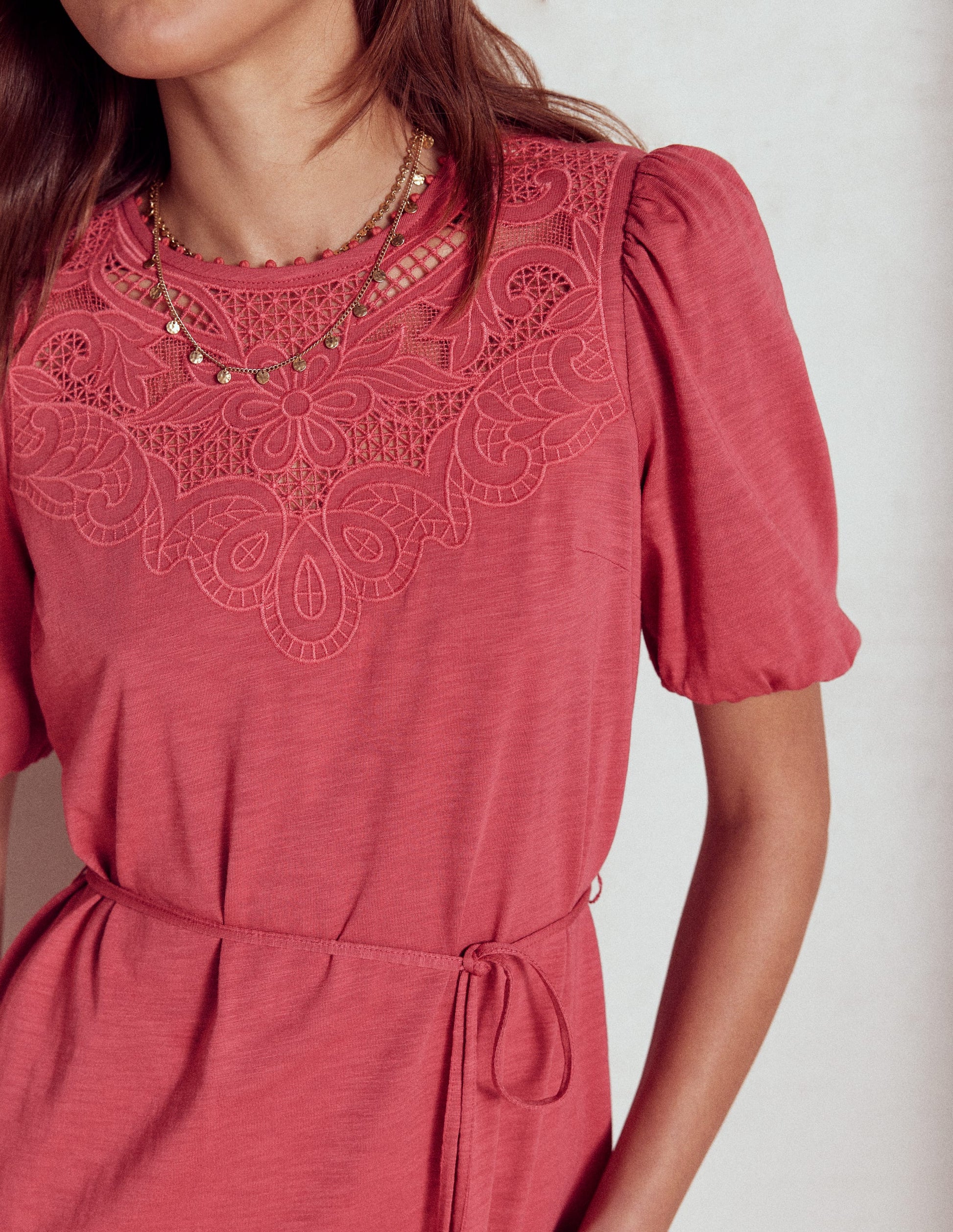 Cutwork Detail Short Dress-Terracotta-2