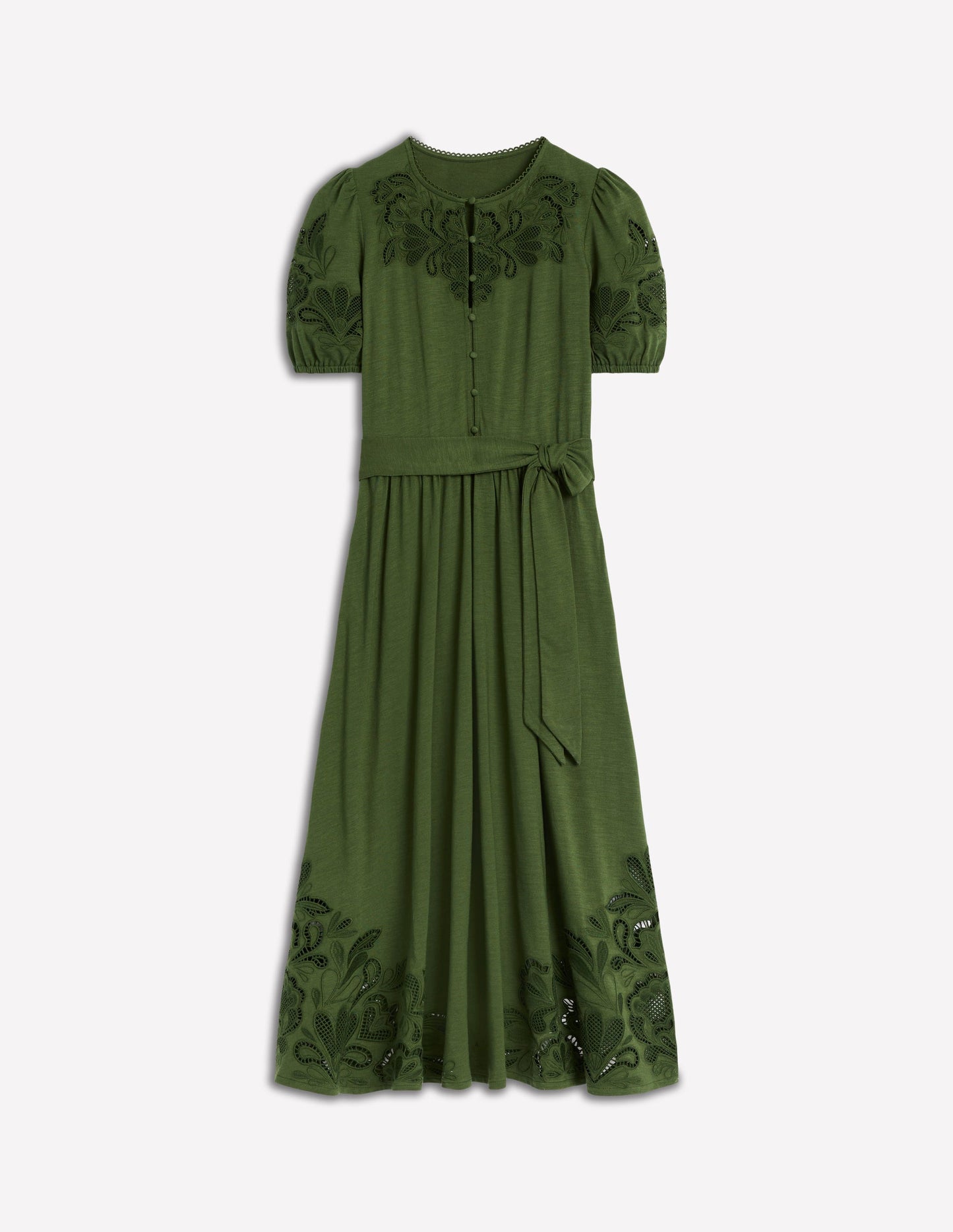 Cutwork Detail Midi Dress-Green Fir