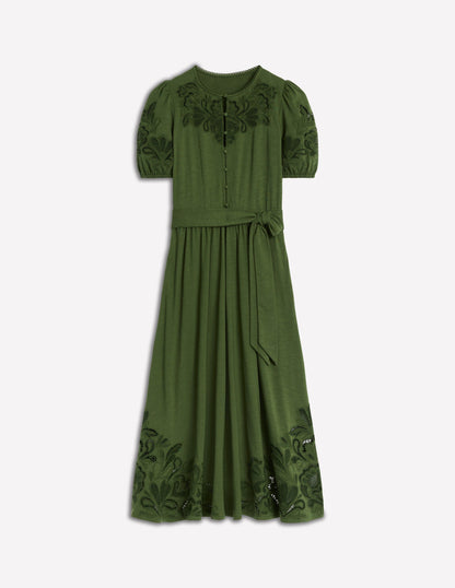 Cutwork Detail Midi Dress-Green Fir-5