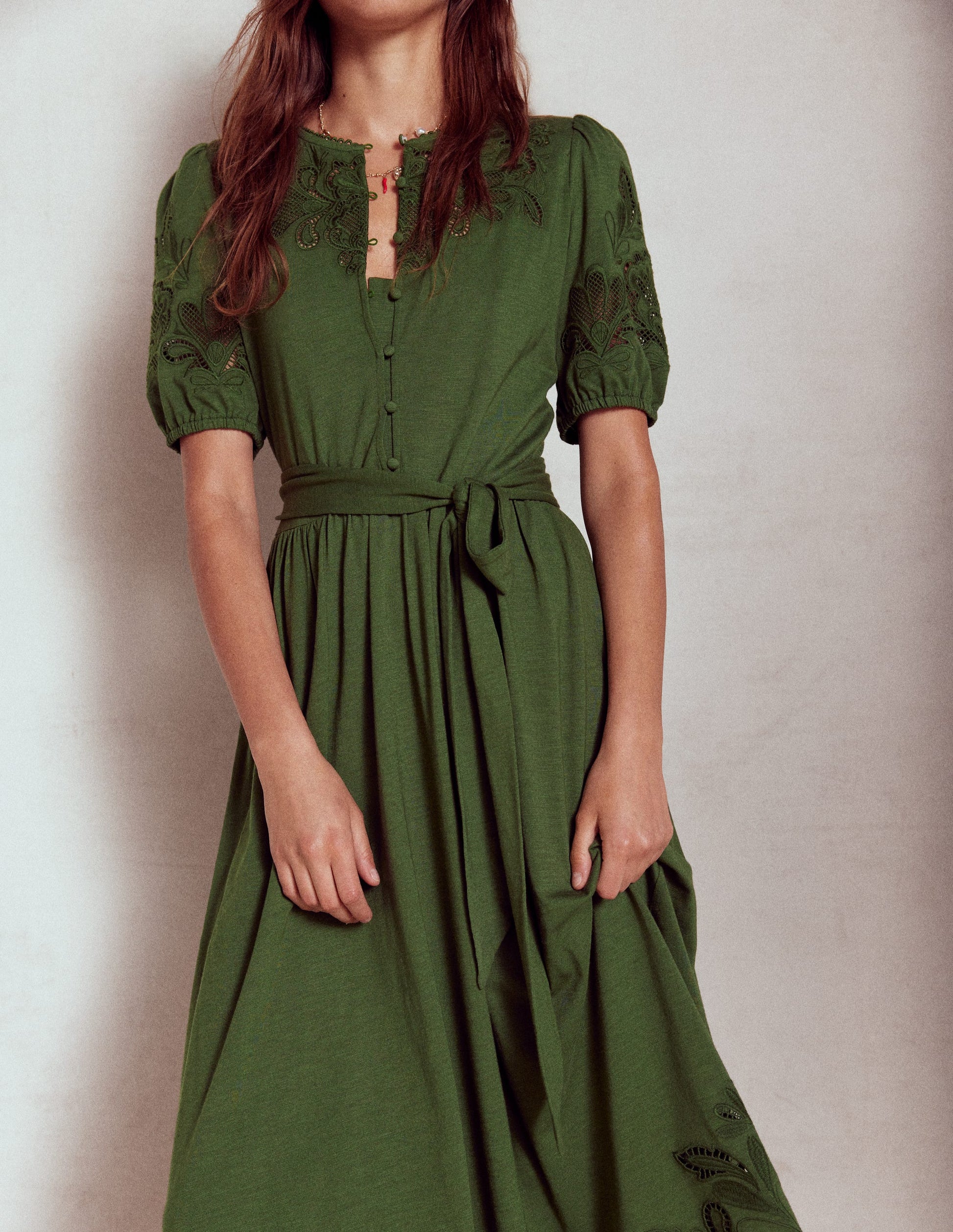 Cutwork Detail Midi Dress-Green Fir-2