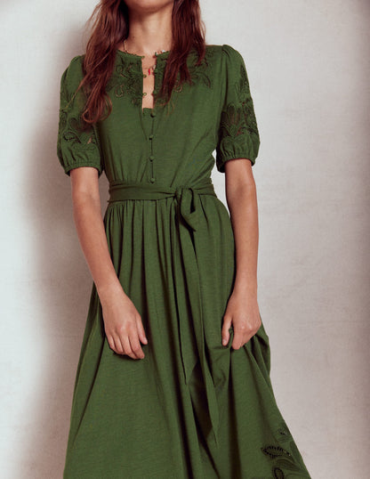 Cutwork Detail Midi Dress-Green Fir-2