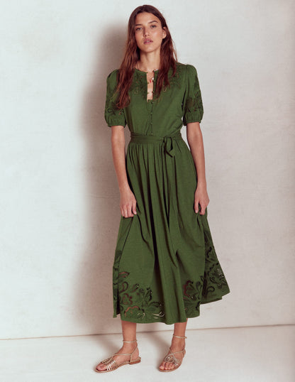 Cutwork Detail Midi Dress-Green Fir-4