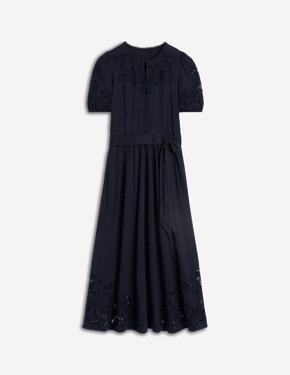 Cutwork Detail Midi Dress-Navy-6