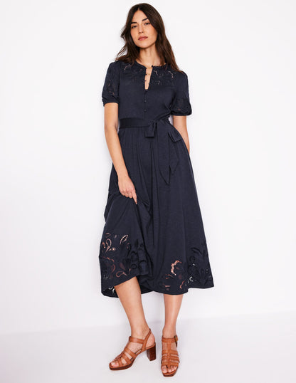 Cutwork Detail Midi Dress-Navy-1