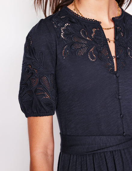 Cutwork Detail Midi Dress-Navy