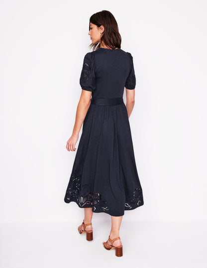 Cutwork Detail Midi Dress-Navy-3