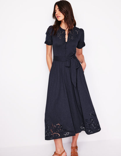 Cutwork Detail Midi Dress-Navy-4