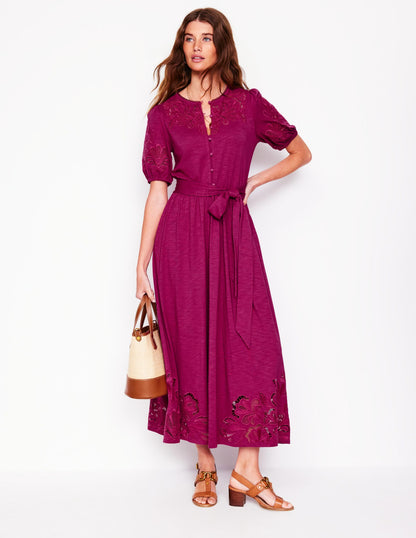 Cutwork Detail Midi Dress-Rich Magenta-1