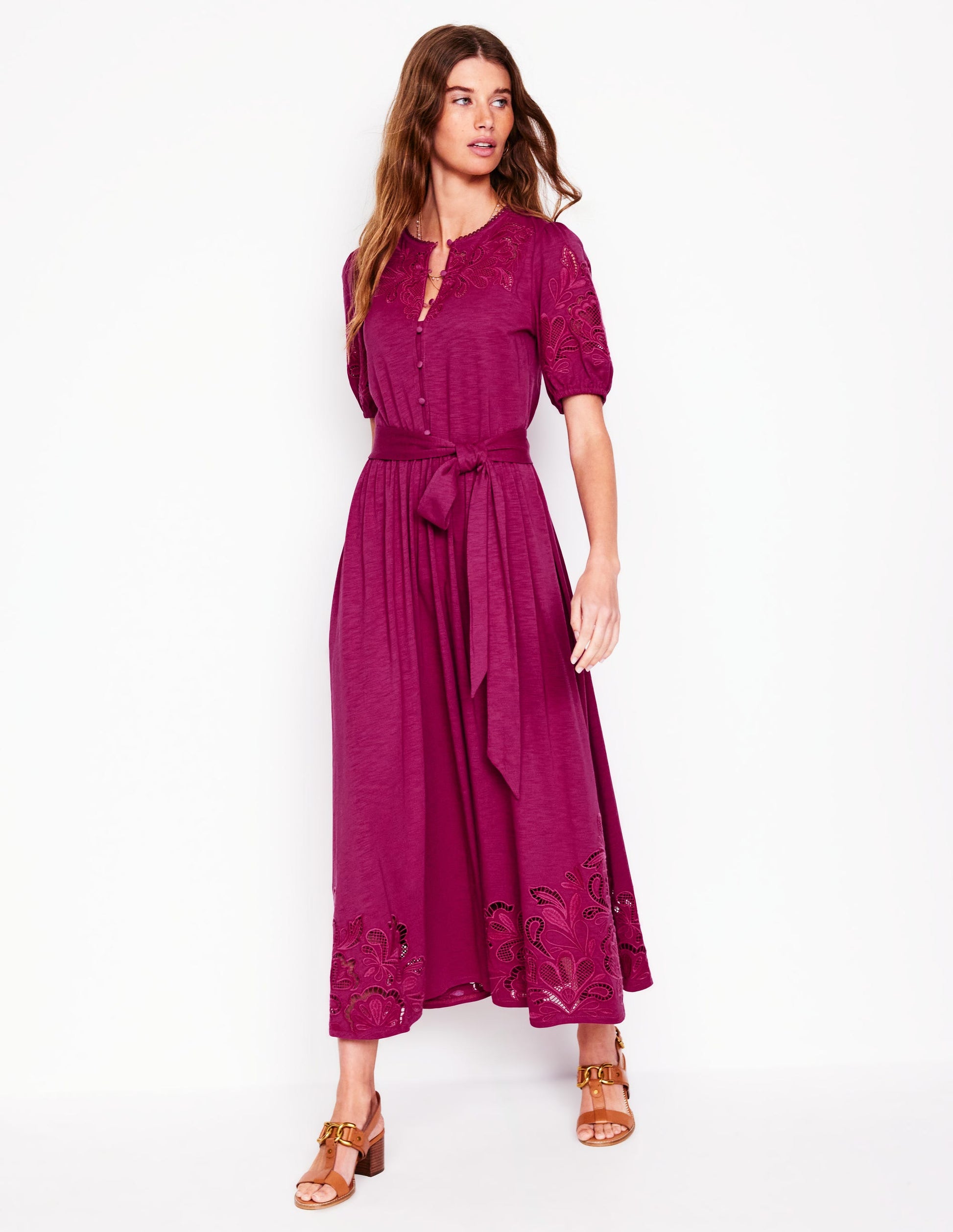 Cutwork Detail Midi Dress-Rich Magenta-4