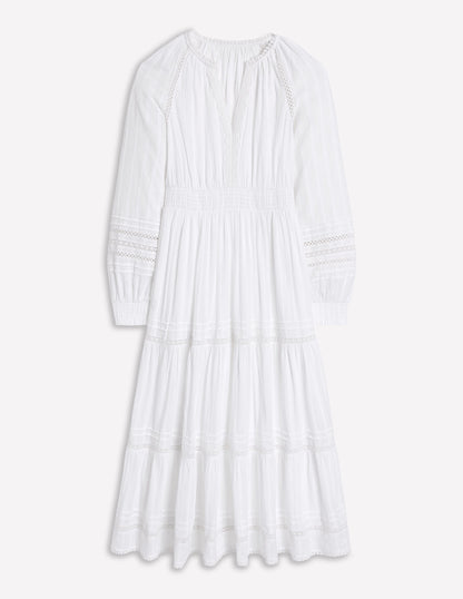 Ruffle Smocked Cotton Dress-White-5