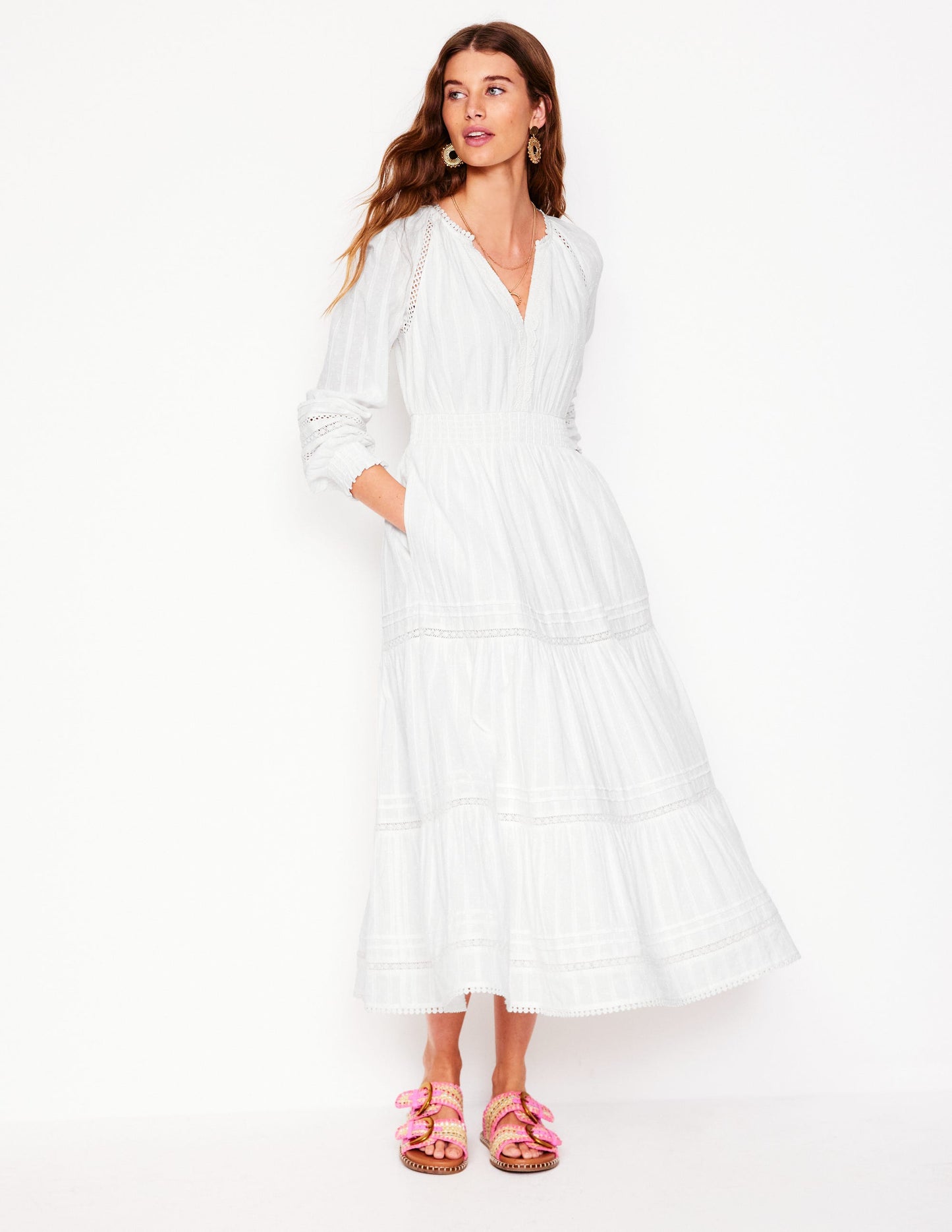 Ruffle Smocked Cotton Dress-White