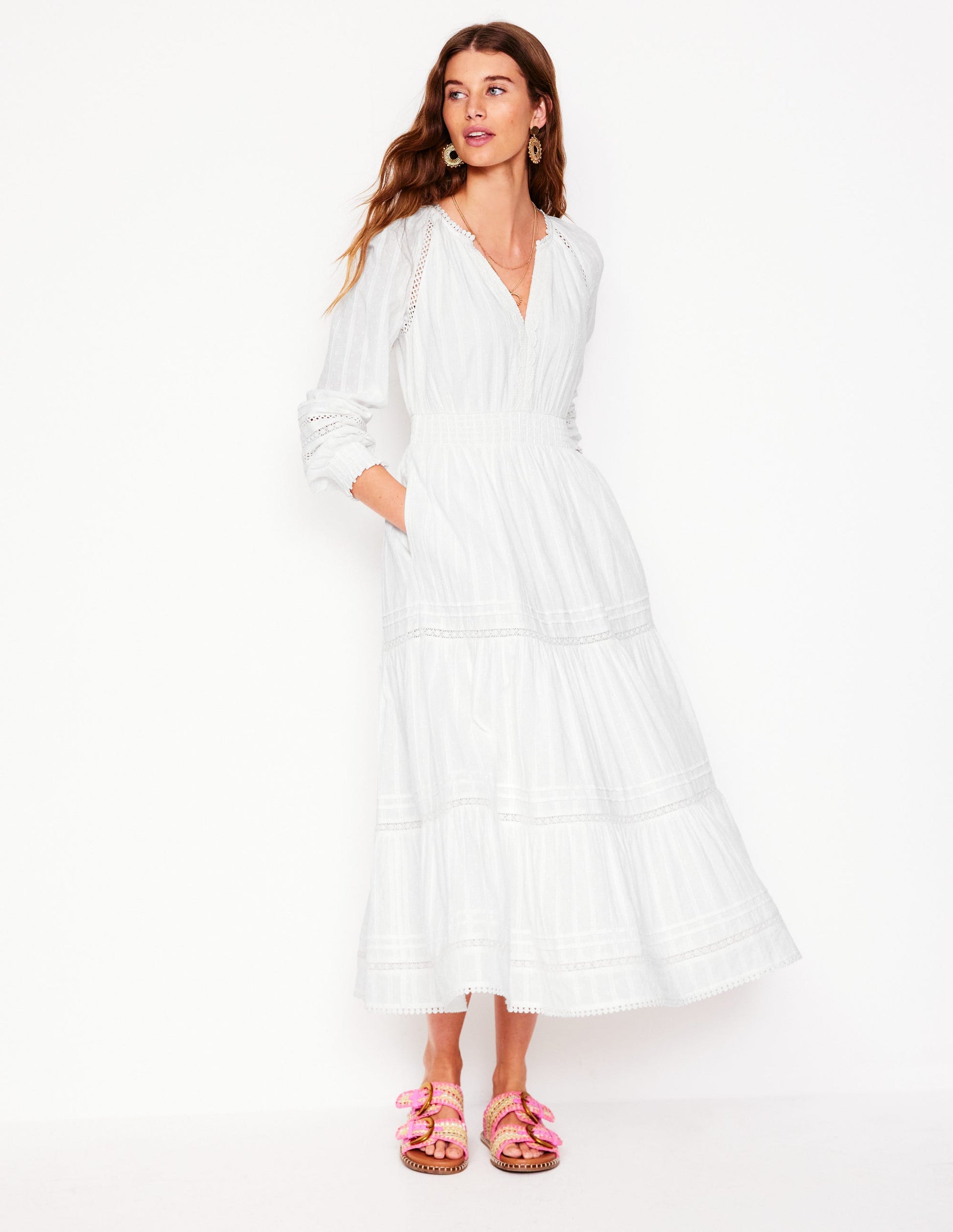 Ruffle Smocked Cotton Dress-White-4