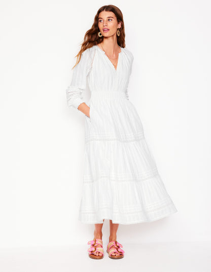 Ruffle Smocked Cotton Dress-White-4