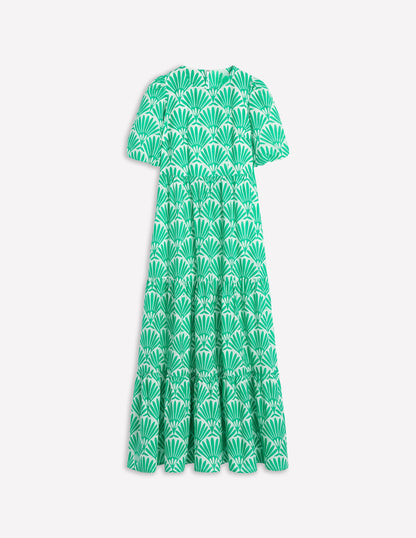 Tiered Poplin Dress-Aquamarine Blue, Deco Palm-5