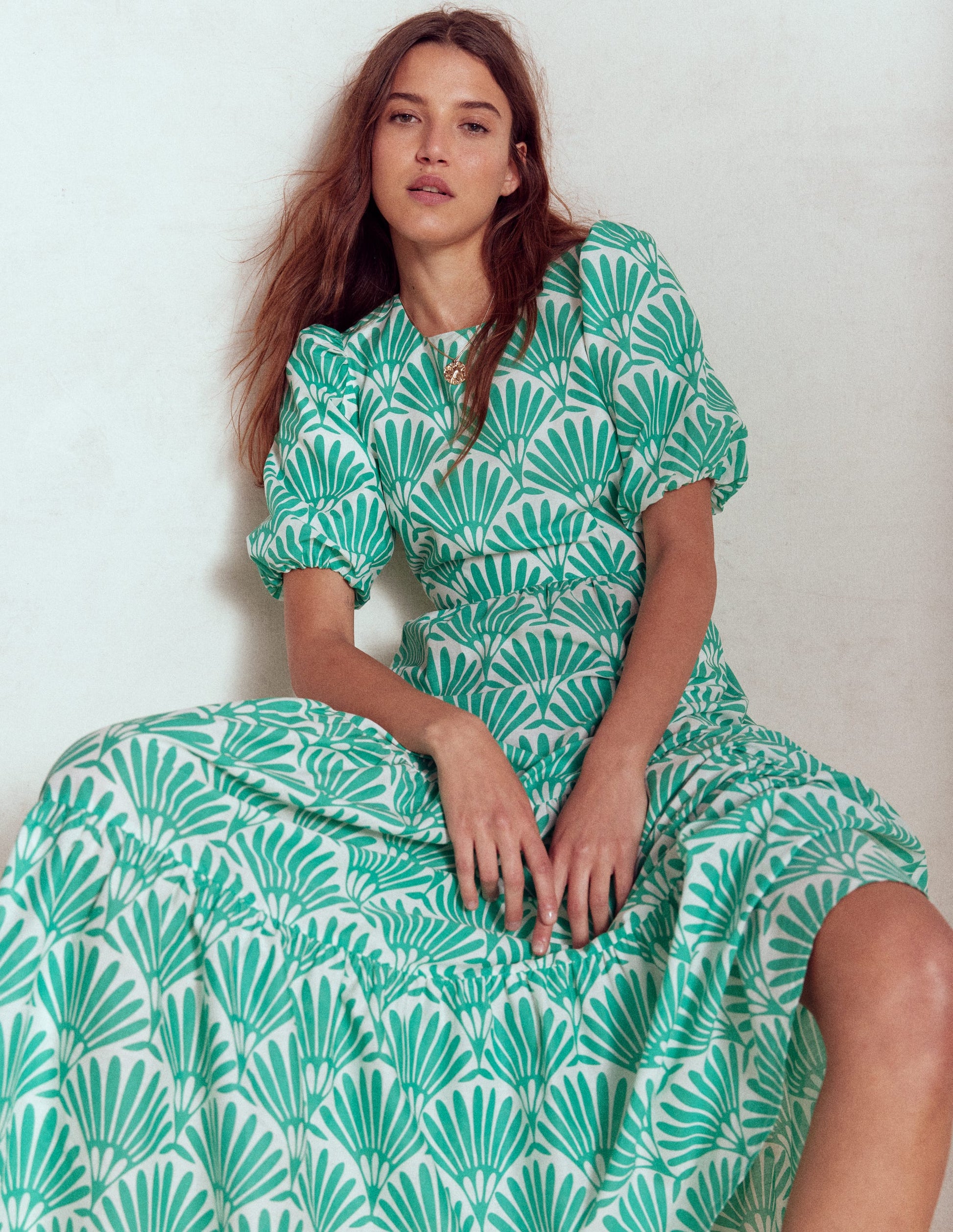 Tiered Poplin Maxi Dress-Aquamarine Blue, Deco Palm | Boden Global Tiered Poplin Maxi Dress-Aquamarine Blue, Deco Palm | Boden Global