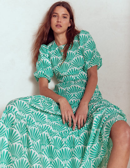 Tiered Poplin Dress-Aquamarine Blue, Deco Palm-1