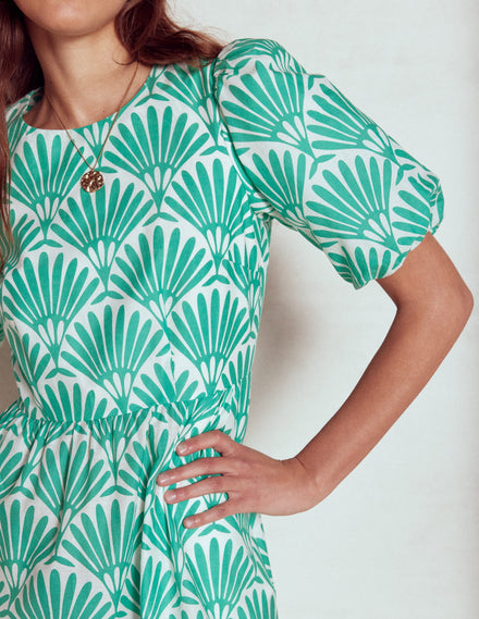 Tiered Poplin Dress-Aquamarine Blue, Deco Palm