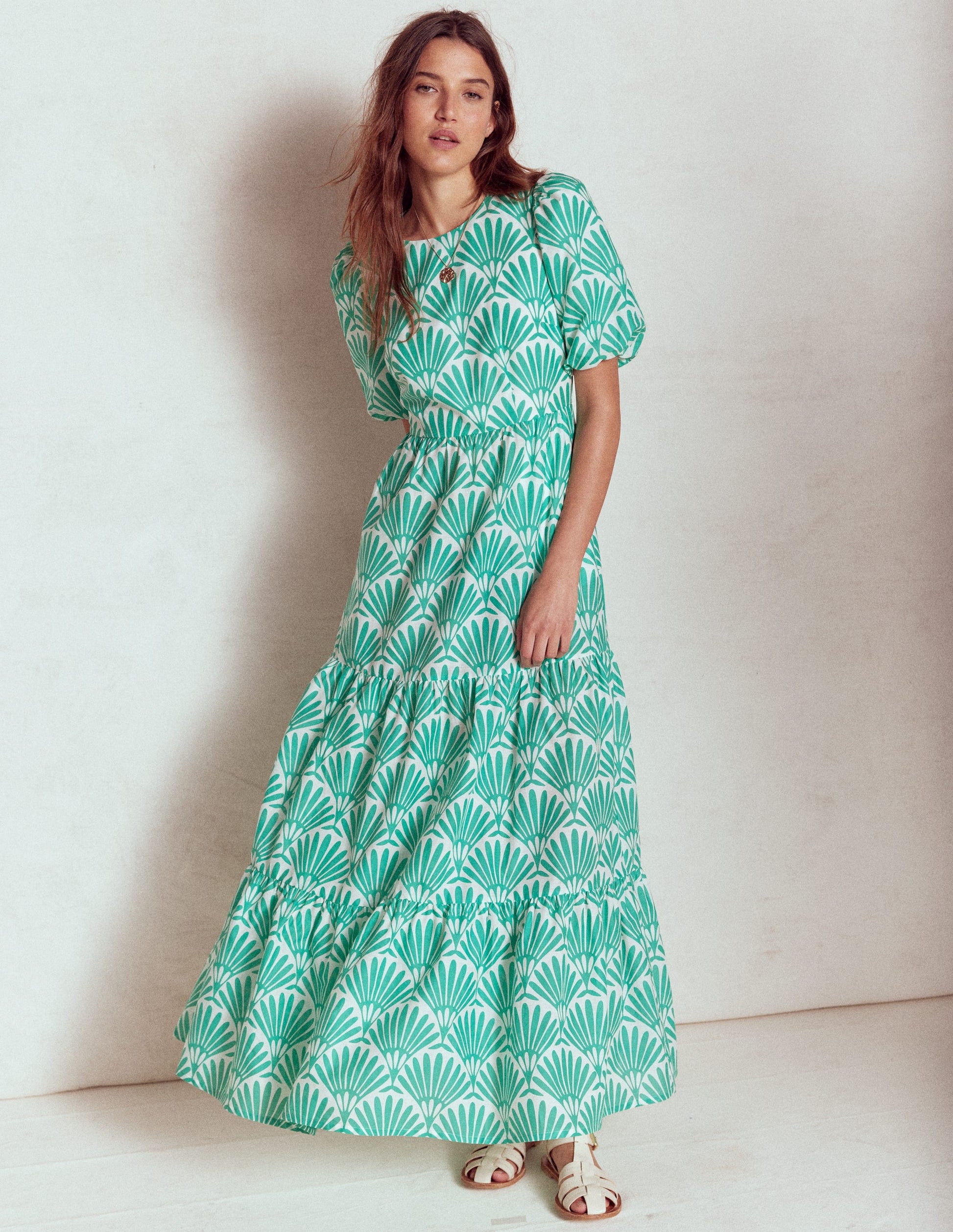 Tiered Poplin Maxi Dress-Aquamarine Blue, Deco Palm | Boden Global Tiered Poplin Maxi Dress-Aquamarine Blue, Deco Palm | Boden Global