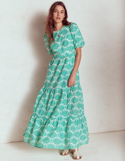 Tiered Poplin Dress-Aquamarine Blue, Deco Palm-4