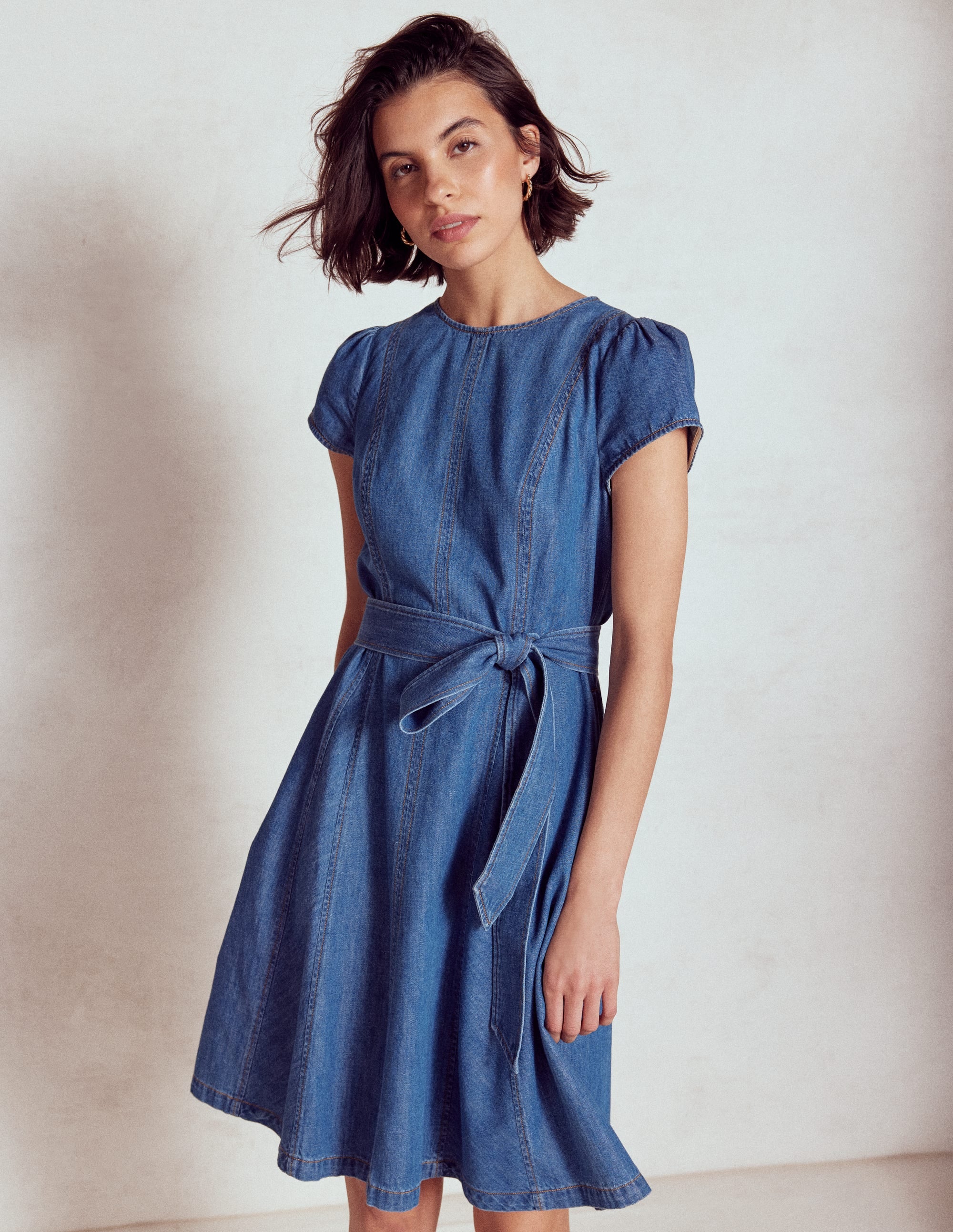 Imo Denim Godet Short Dress-Mid Vintage Denim - Image 1