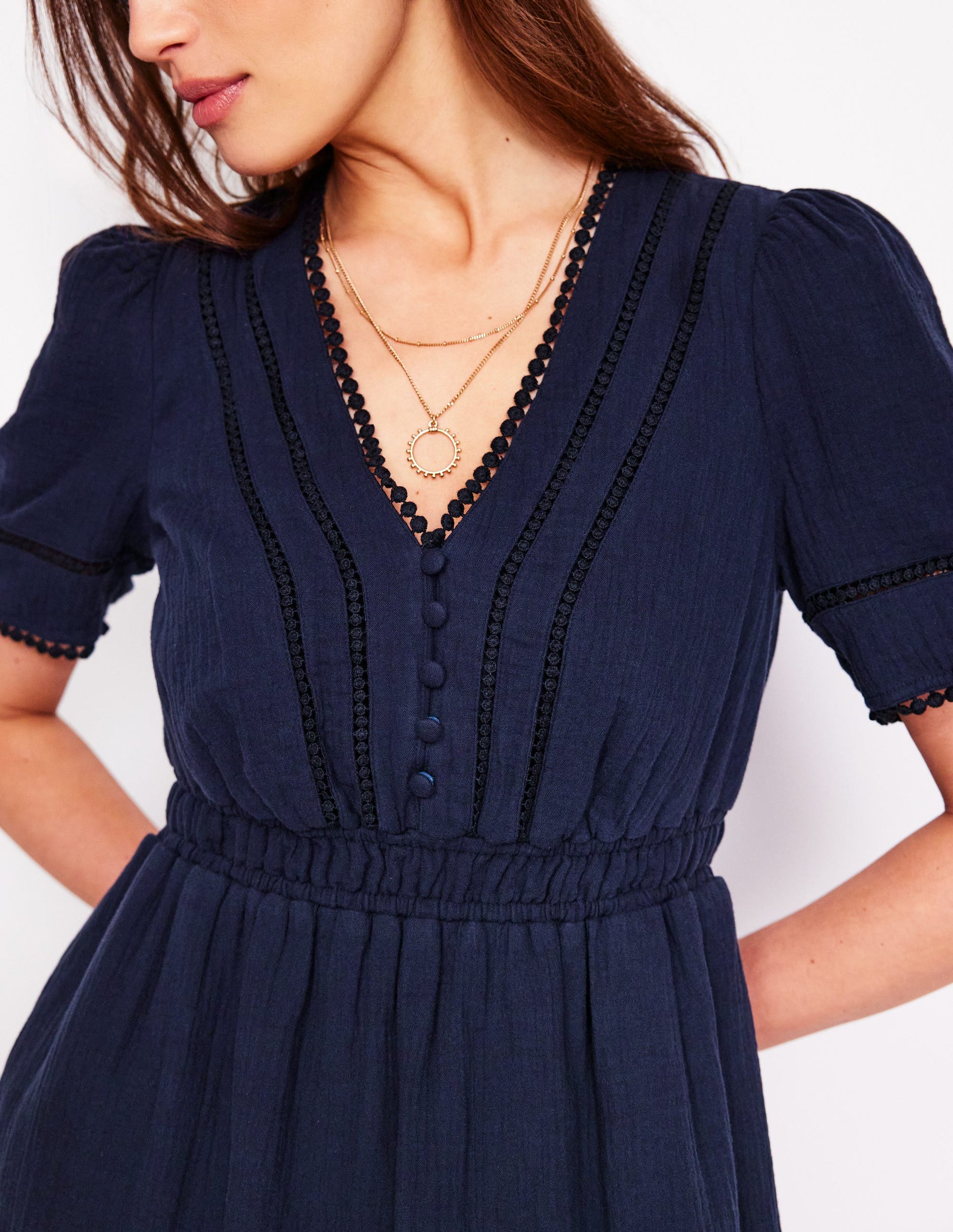 Trim Double Cloth Dress-Navy-2