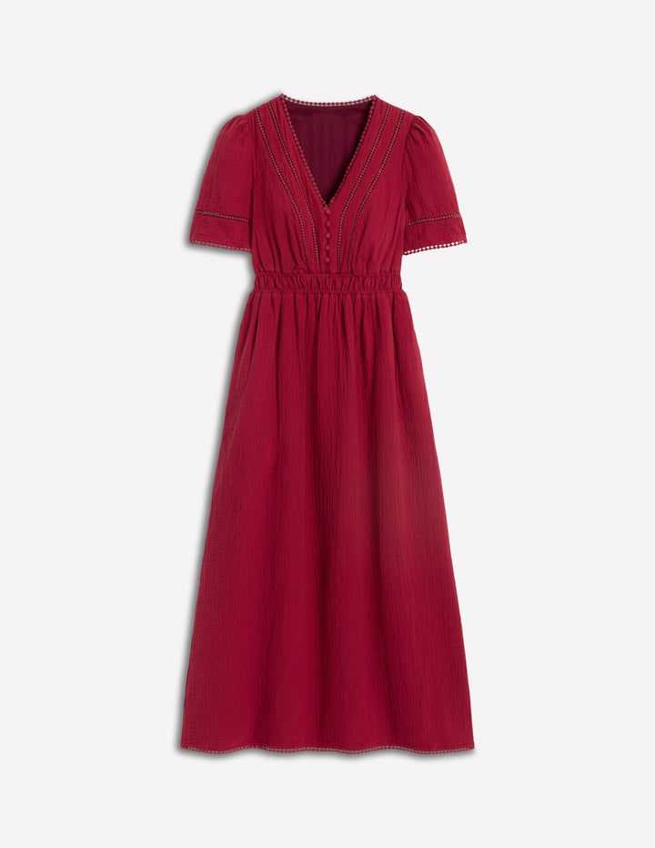 Trim Double Cloth Dress-Garnet Red
