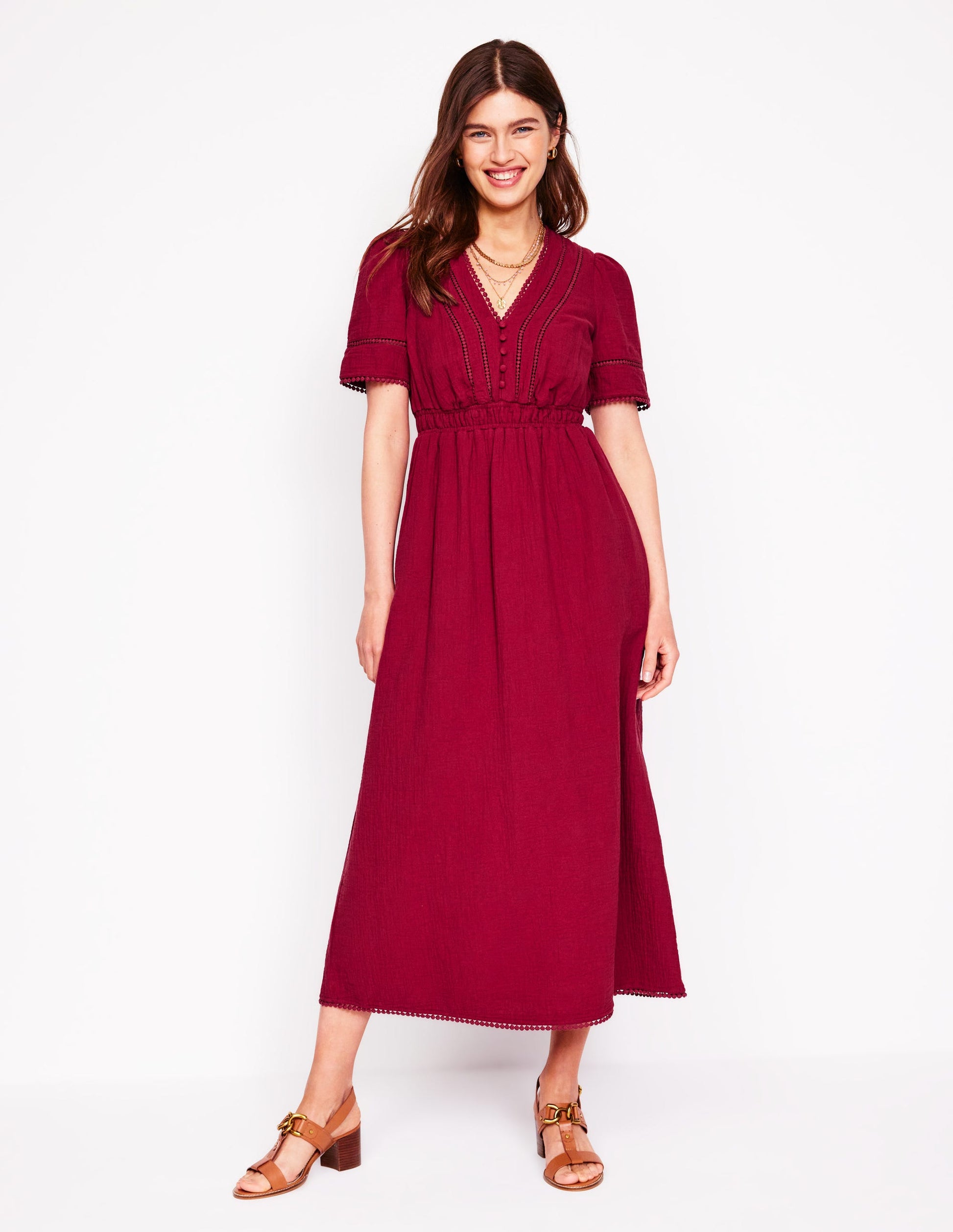 Trim Double Cloth Dress-Garnet Red-1