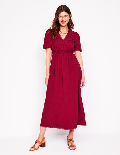 Trim Double Cloth Dress-Garnet Red-1
